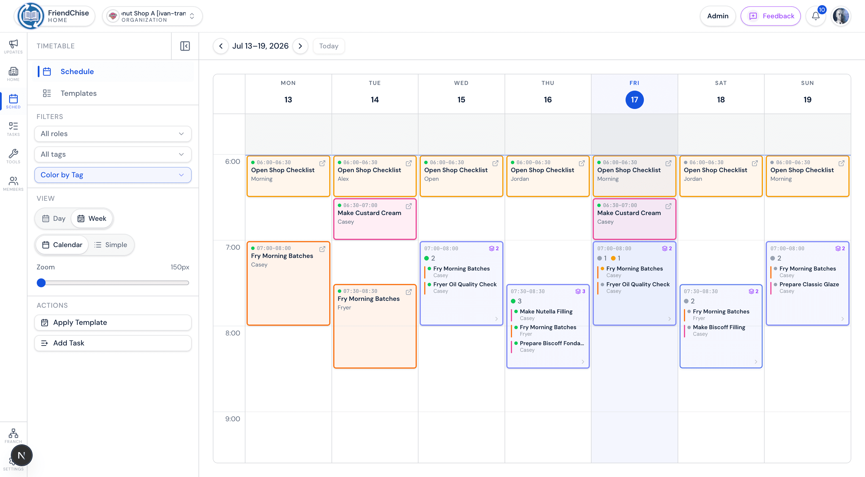 FriendChise interactive timetable showing a staff schedule